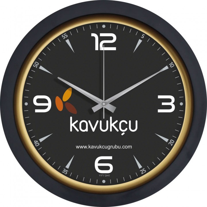 Logo Baskılı 40 cm Mat Siyah Antik Altın İç Bilezikli Plastik Duvar Saati